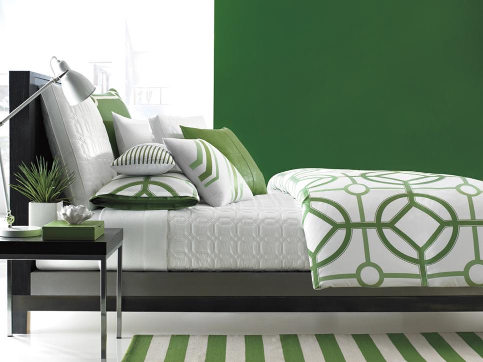 Emerald Green Accents in Contemporary Bedroom Contemporary Bedroom With Green Wall & Graphic Bedding