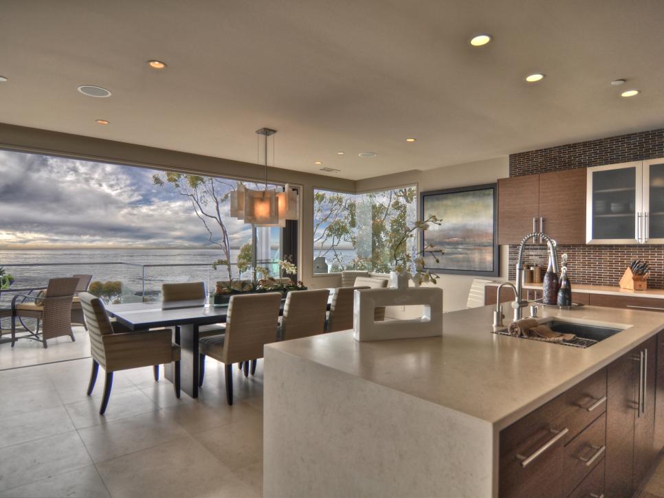 Open Kitchen with Neutral Finishes and Seascape View