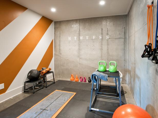 Basement Rec Room With Orange and White Stripe Wall Basement Rec Room With Orange and White Stripe Wall