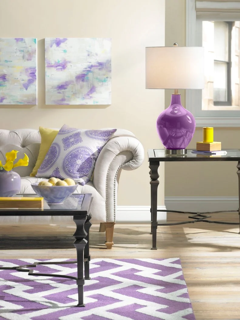 Neutral and Purple Transitional Living Room