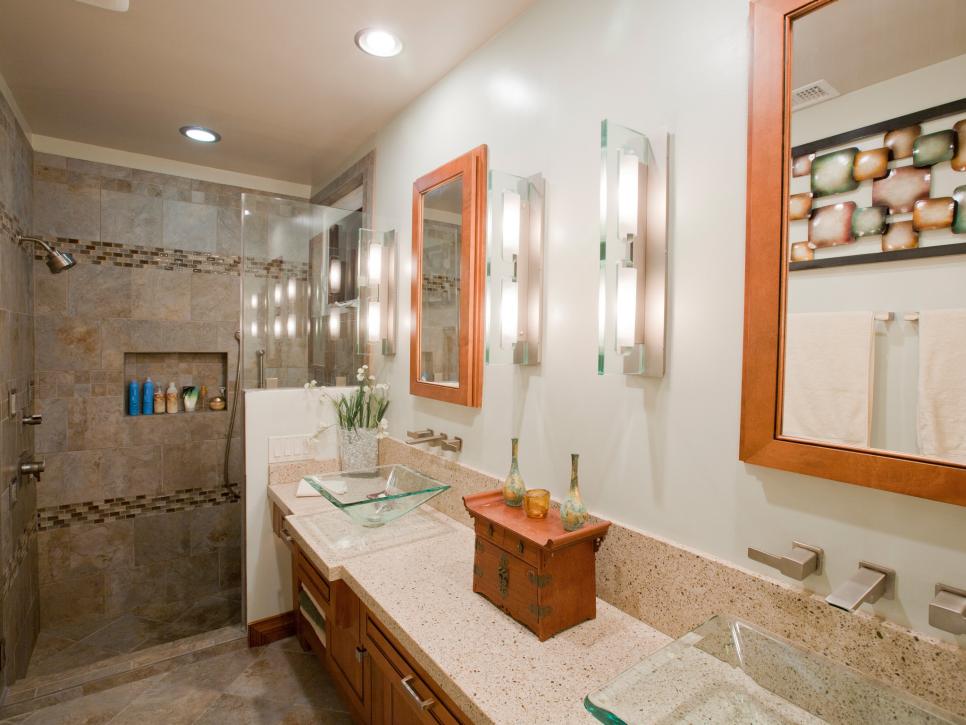 Bathroom with Glass Sinks and Granite Countertops
