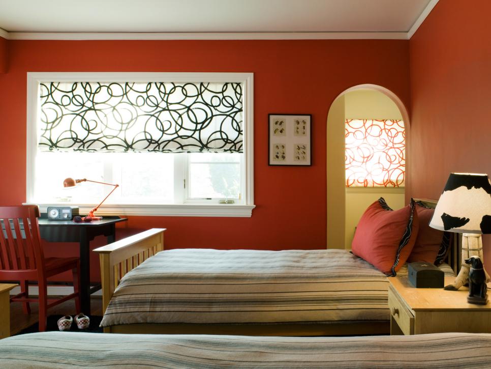 Barn Red Boy's Room With Contemporary Roman Shade, Twin Beds and Desk
