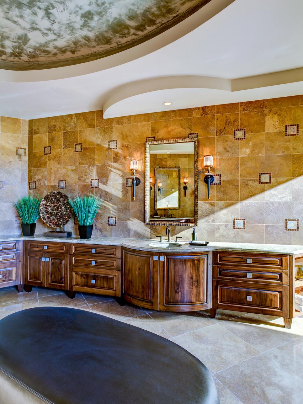 Master Bathroom with Coffered Ceiling and Marble Vanity