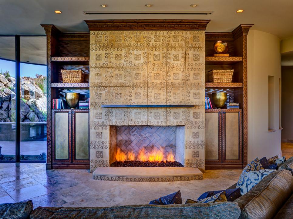 Gas Fireplace With Rustic Tan Tiles and a Simple Mantel