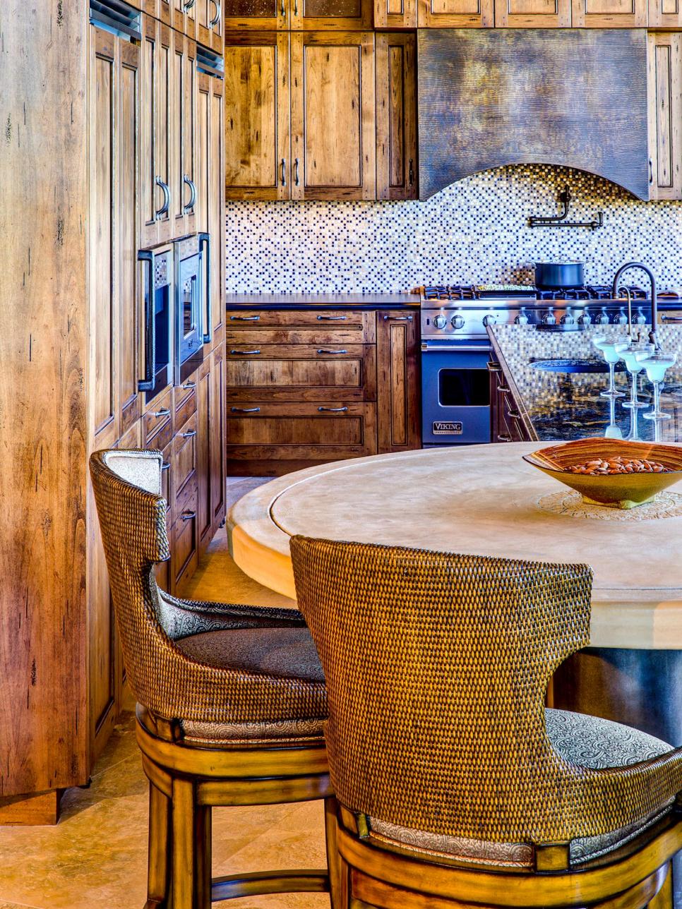 Natural Wood Kitchen Cabinets With Mosaic Tile Backsplash