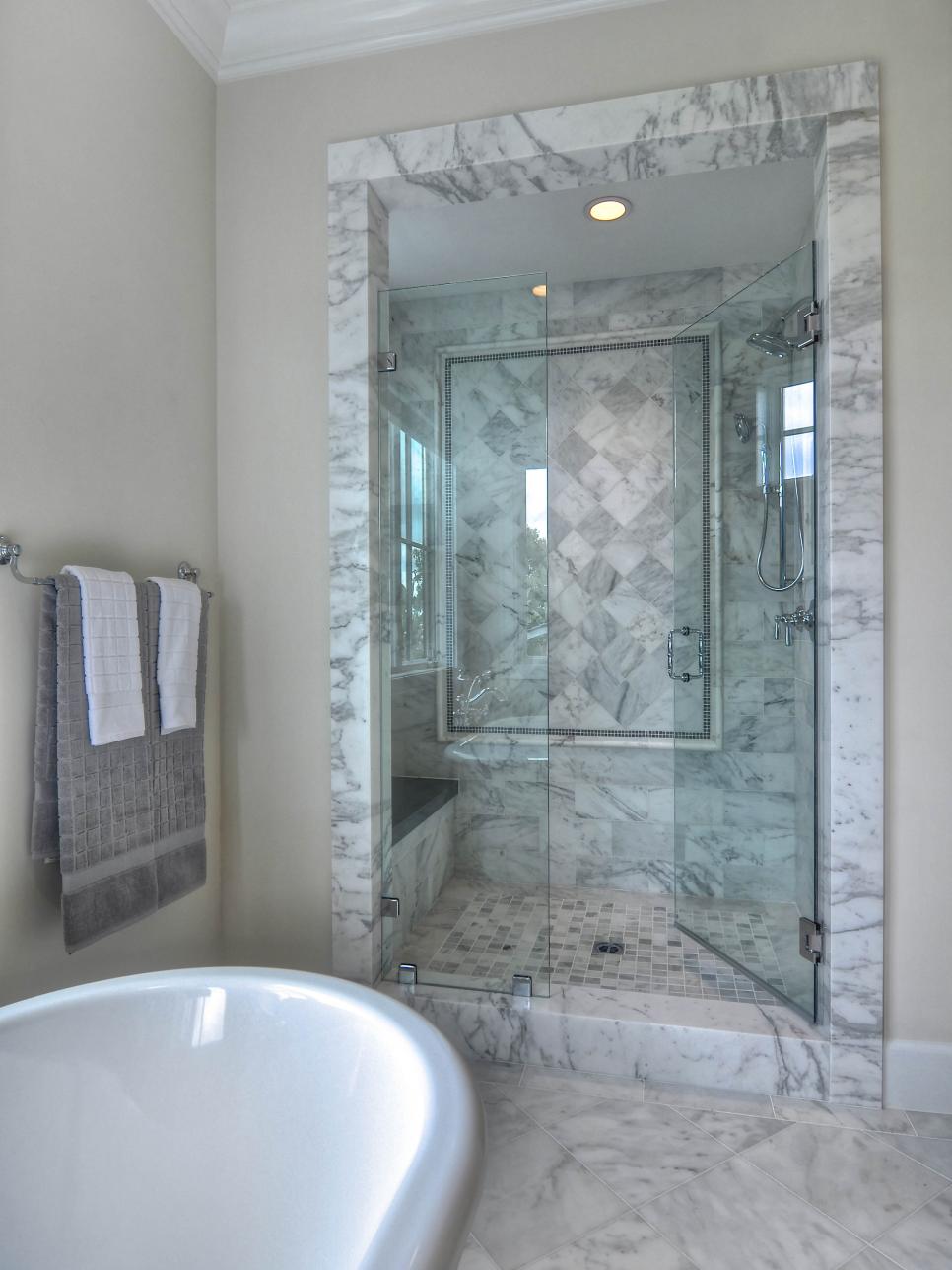 Master Bathroom with Gray and White Marble Shower