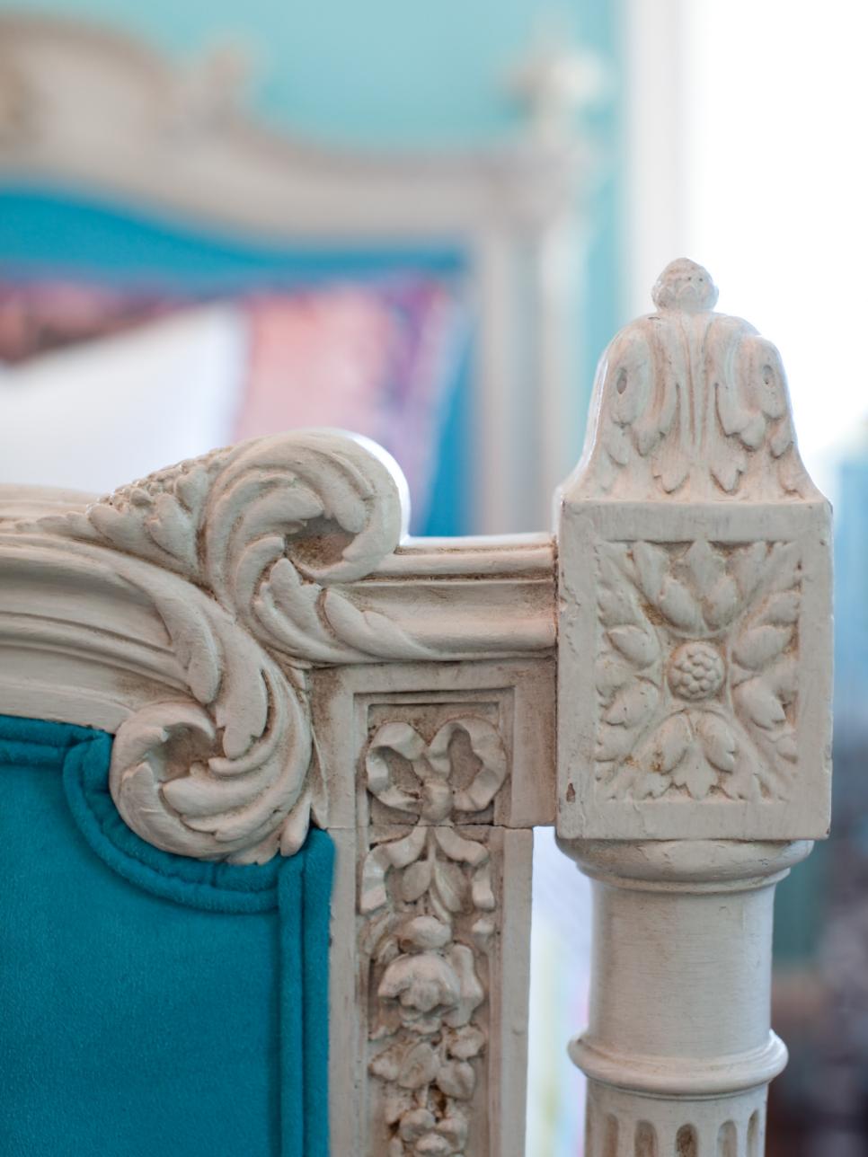 Intricate Bed Frame Design Gives Teen Bedroom Pizzazz Bed Post With Victorian-Style Carvings in Teen's Bedroom