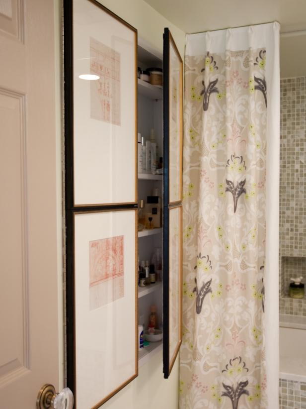 White Bathroom With AsianStyle Artwork and Patterned Shower Curtain