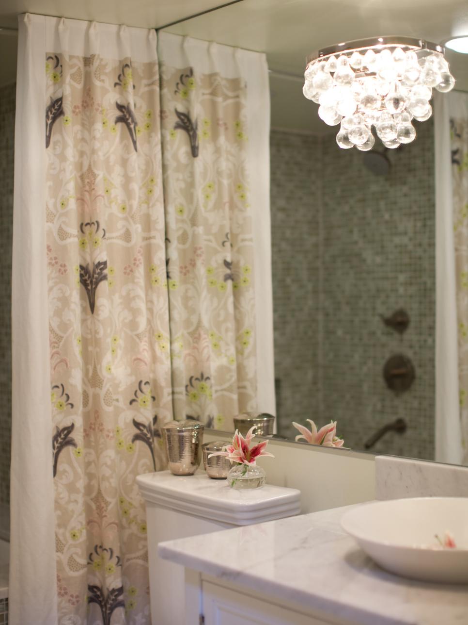 Contemporary Bathroom With Floral Shower Curtain and Teardrop Sconce