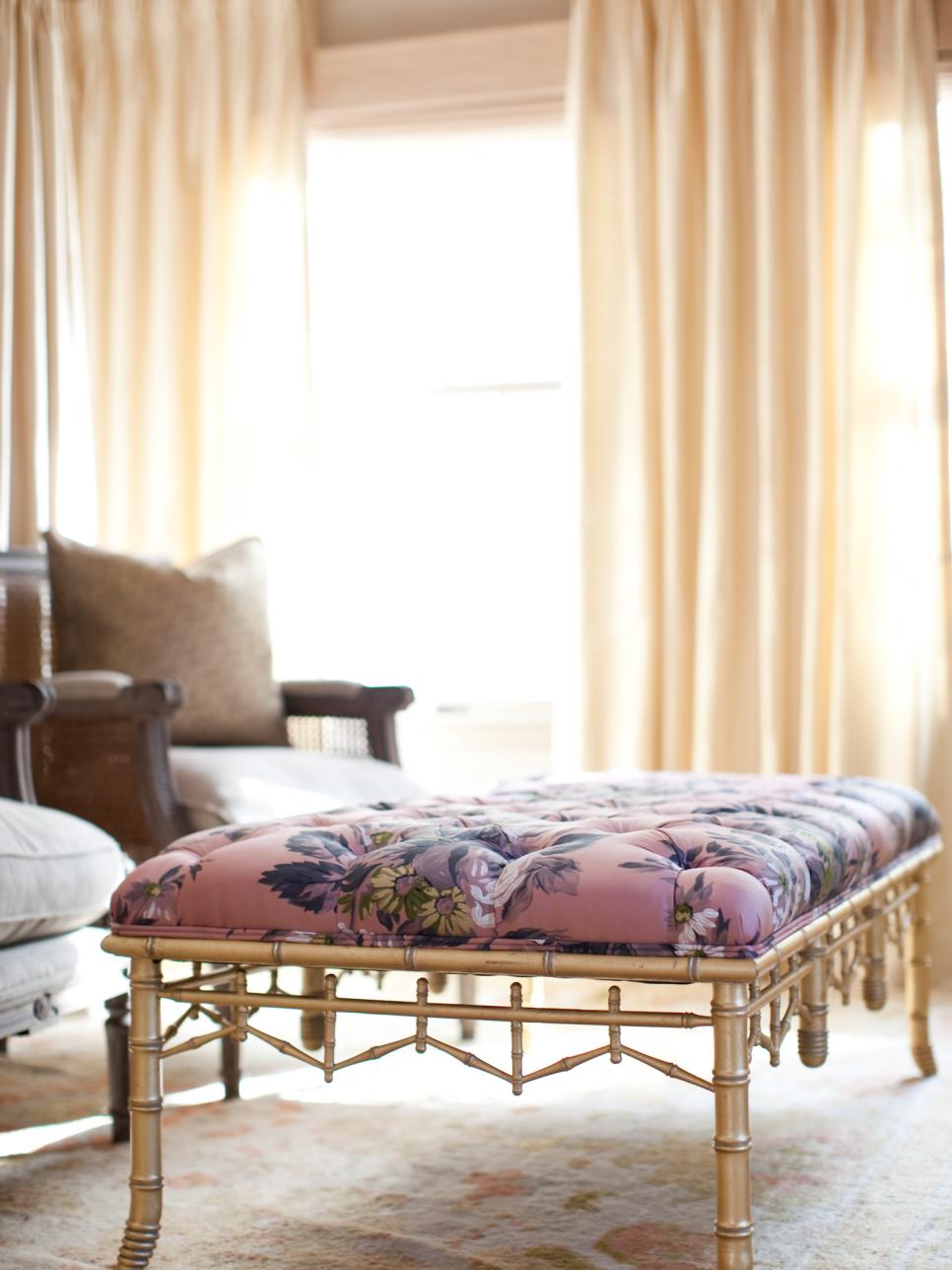 Pink and Purple Tufted Bench in Traditional Bedroom