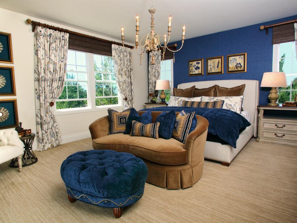 Blue and Brown Velvets in Traditional Master Bedroom
