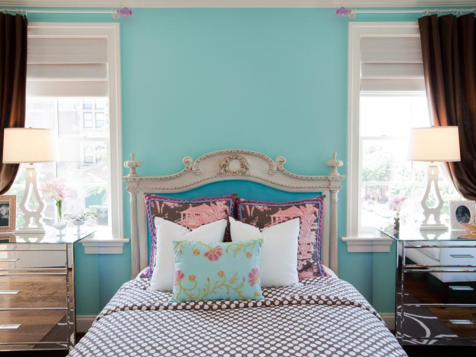 Eclectic Tiffany Blue Bedroom With Mirrored Dressers