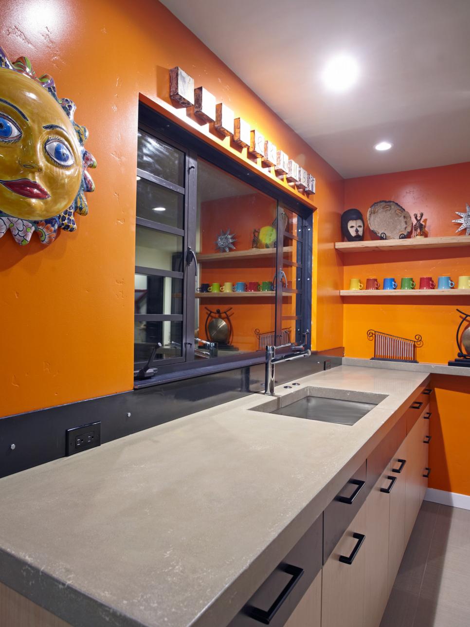 Orange Kitchen With Pass-Through Window Eclectic Kitchen with Orange Walls