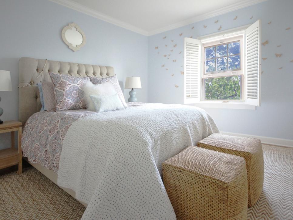 Light Blue Transitional Bedroom with White and Beige Accents