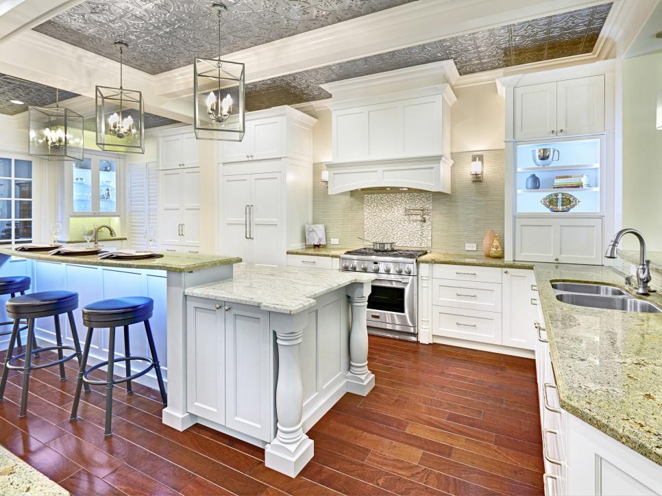 White Traditional Kitchen With Green Granite Countertops