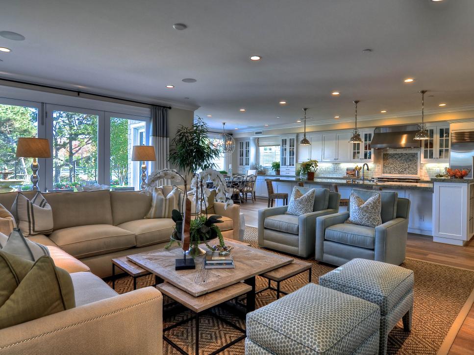Spacious Family Room With Subtle Beach Decor and Upholstered Furniture