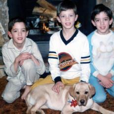 Jonathan, Drew and JD Scott with Dog