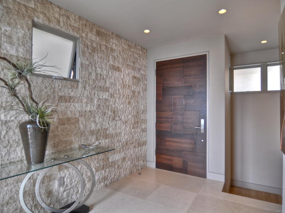 Neutral, Contemporary Entryway With Stone Wall
