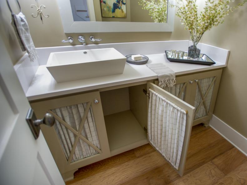 Bathroom Vanity With White Countertop and Vessel Sink