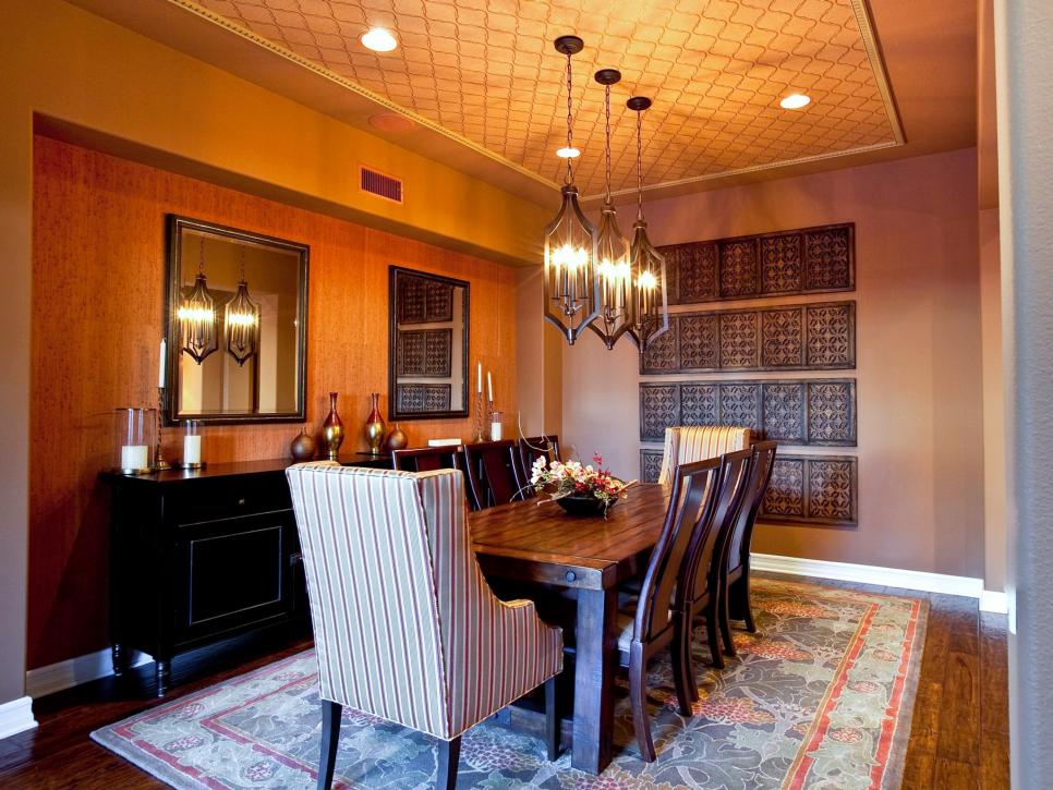Dining Room with Wallpaper Ceiling and Pendant Lights