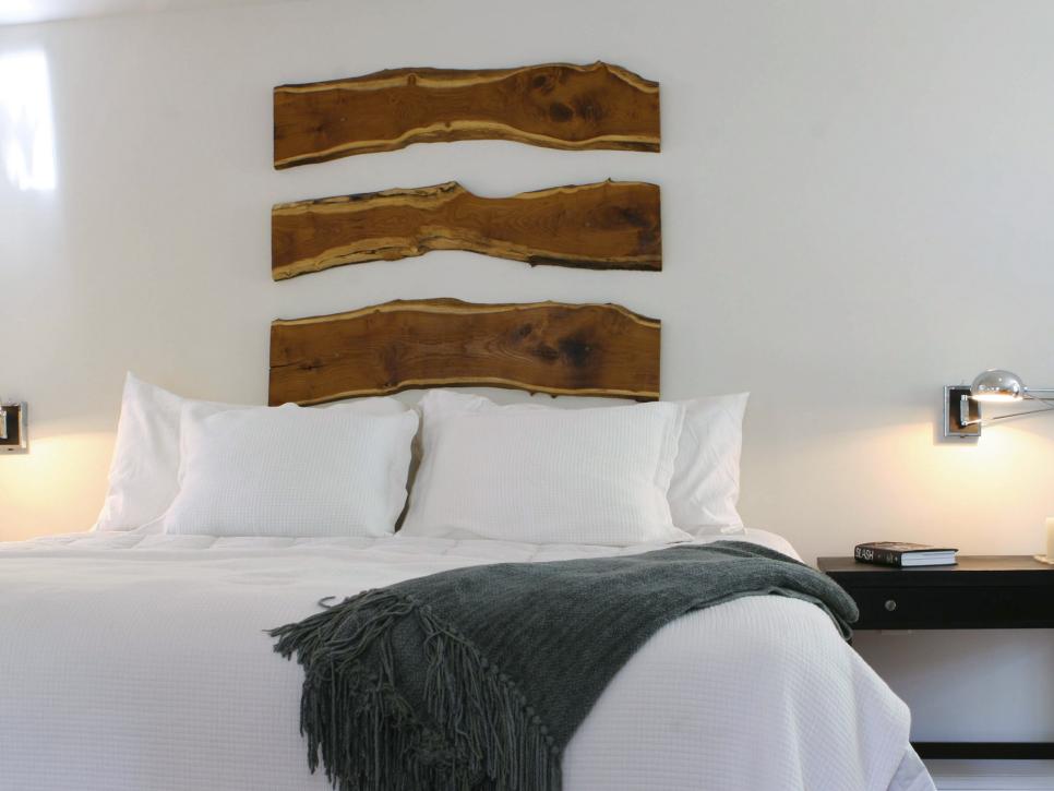Bedroom With White Bedding and Salvaged Wood Headboard