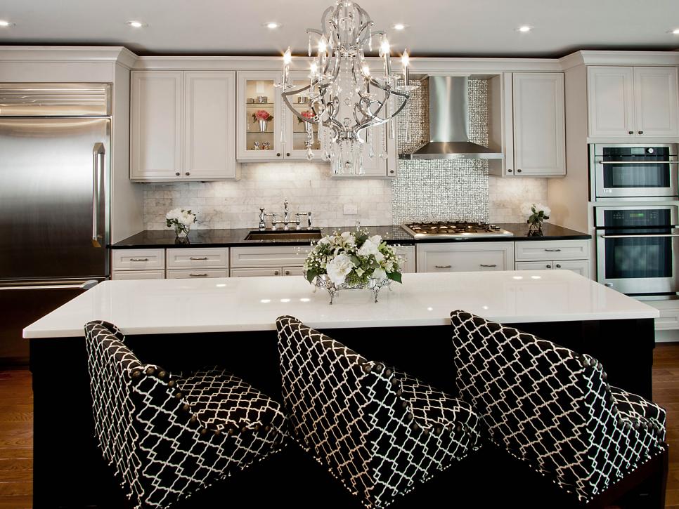 White And Black Transitional Kitchen with Upholstered Bar Chairs