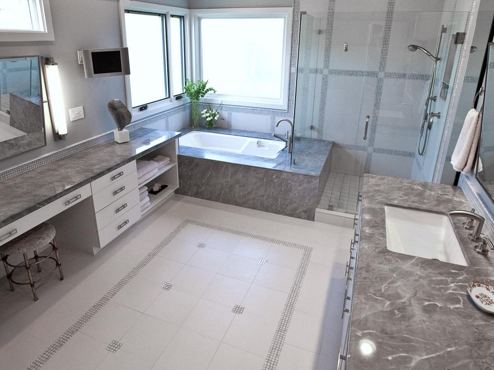 Gray Marble and White Porcelain Tile Bathroom