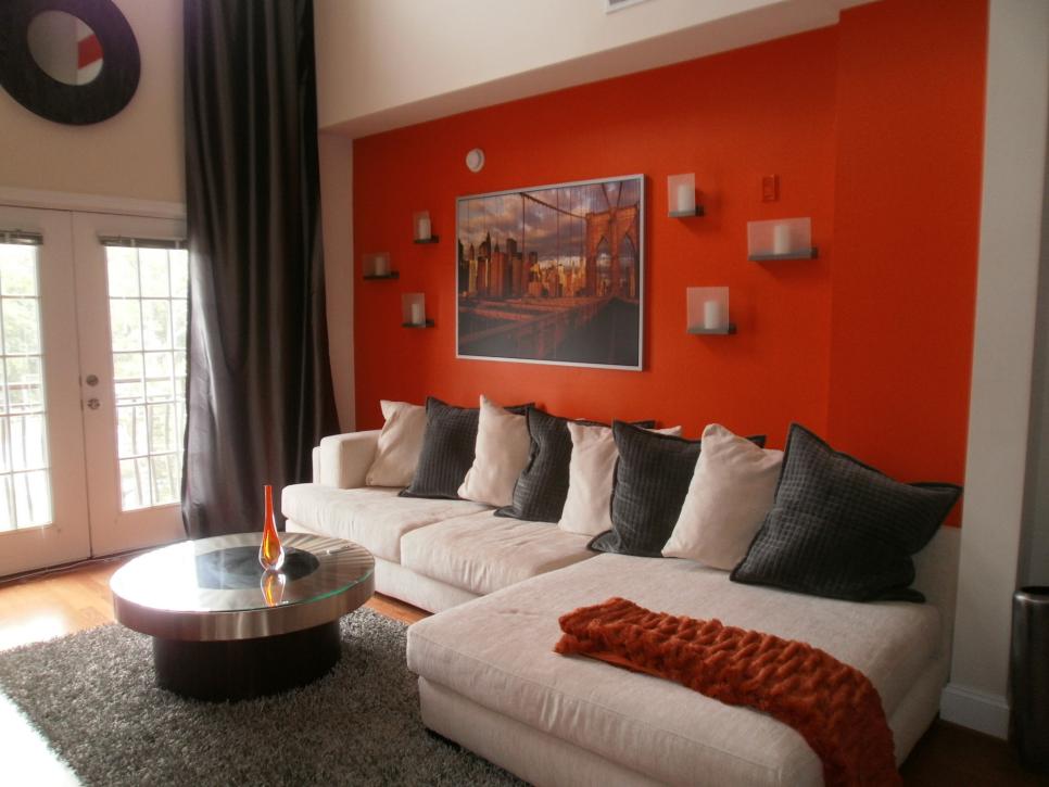 Orange Living Room With Cream-Colored Sectional Sofa
