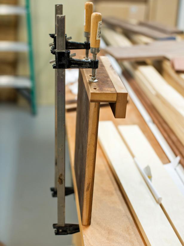 Use two bar clamps to clamp bottom piece of cookbook stand to back.