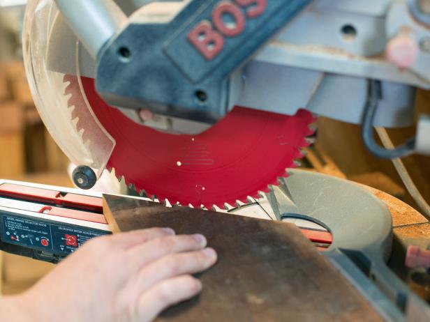 Use miter saw to cut two triangular supports for the cookbook stand that are 4-3/4" at the base and cut at a 37 degree angle.
