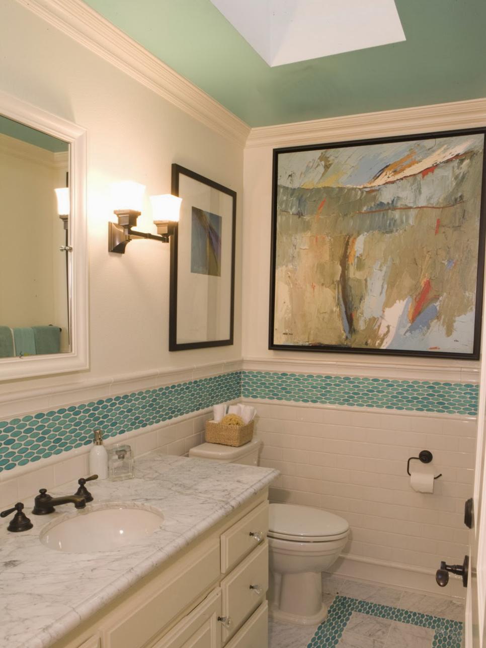 Transitional Blue Tile Bathroom With Skylight and Marble Countertops