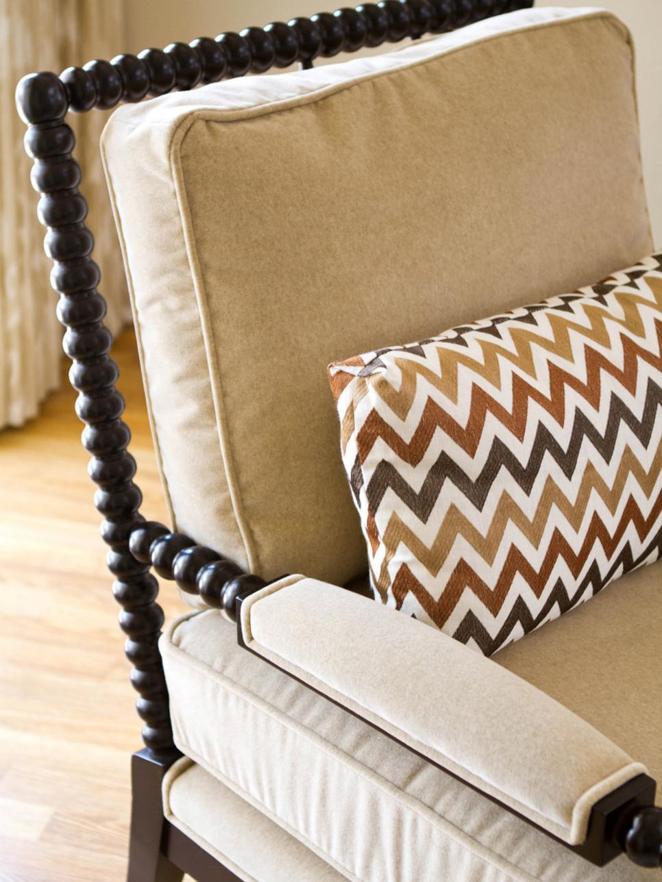 Wood Bobbin Chair With Neutral Cushion and Chevron Pillow