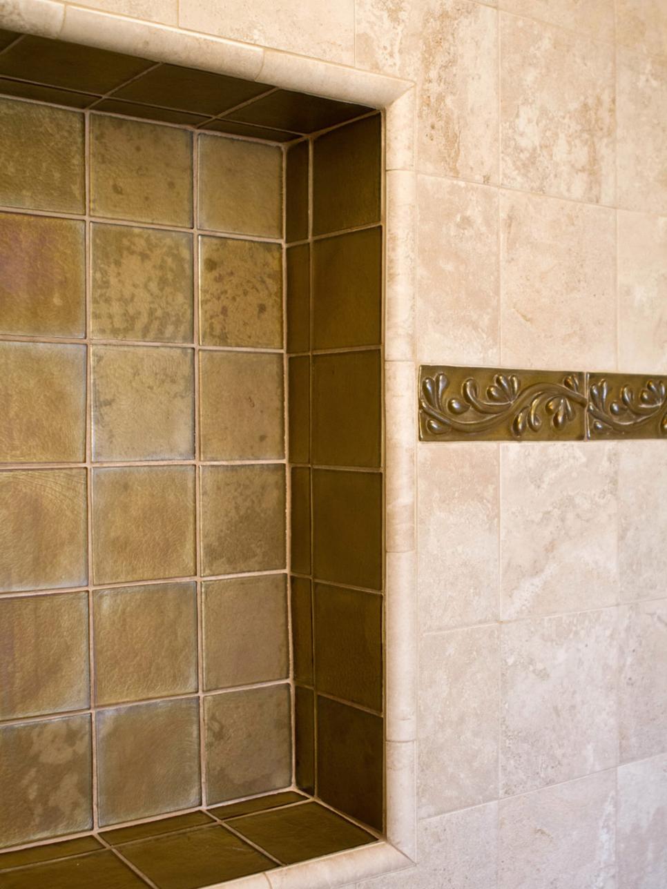 Shower Gets Customized With Tile Storage Niche Custom Brown Tile Inset in Master Bathroom Shower