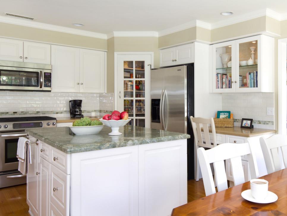 Taupe Transitional Kitchen With White Cabinets and Square Island