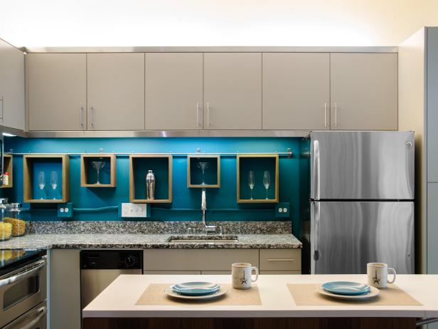 Loft Kitchen With Blue Wall and Shadow Box Accents Loft Kitchen With Blue Wall and Shadow Box Accents