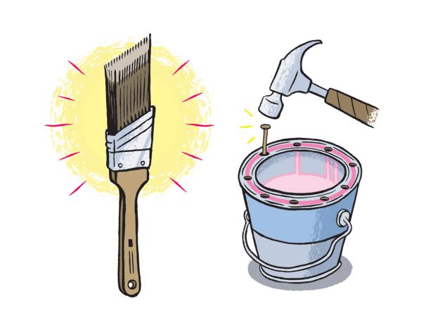 Illustration of Paintbrush and Hammering Holes into a Paint Can