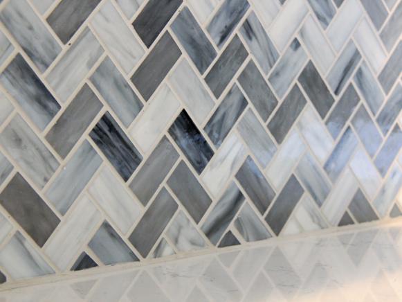 Detail of Mosaic Chevron Glass Tile Backsplash
