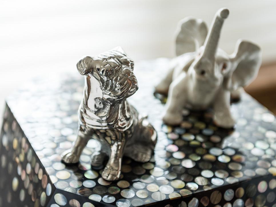 Decorative Pug and Elephant Figurines Made of Metal