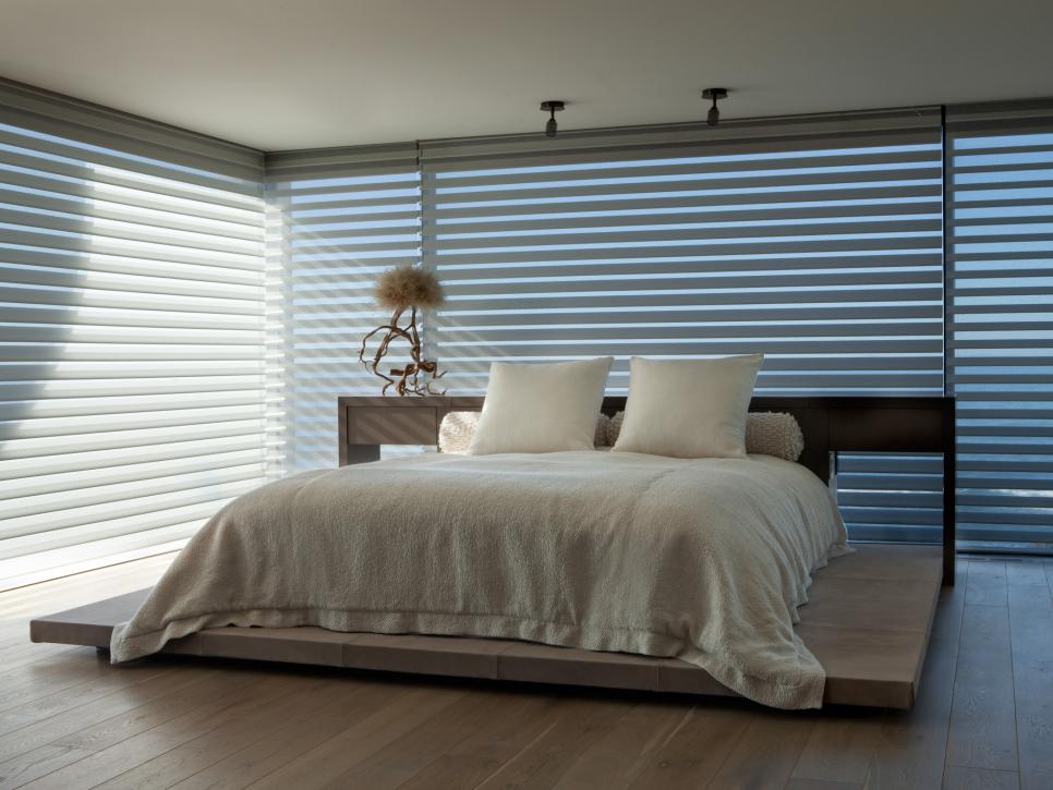 modern bedroom with frameless-window shades