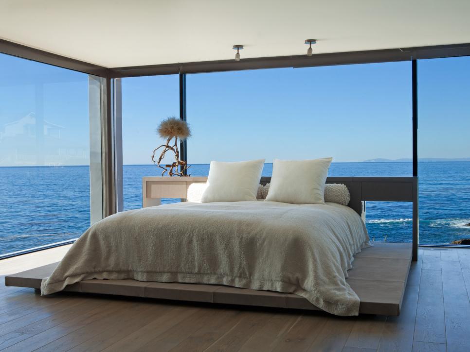 Modern neutral bedroom with a view