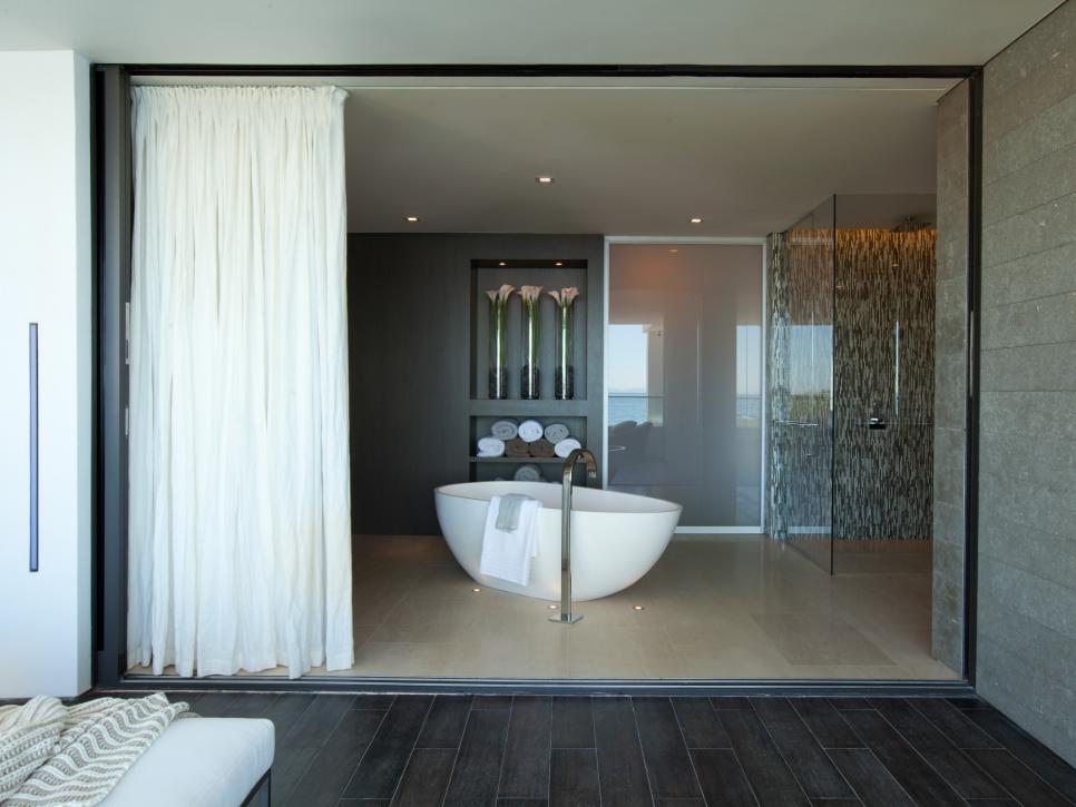Neutral Spa Bathroom With Modern Soaking Tub