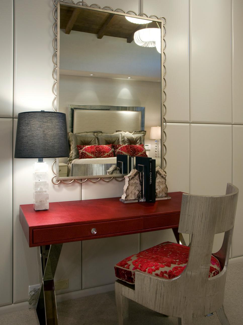 Red Leather Writing Desk in Transitional Bedroom