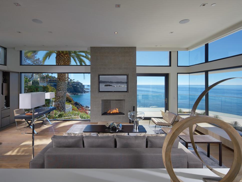 Modern living room with large ocean view windows