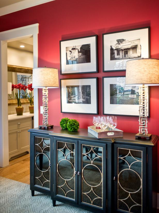 Eclectic Red Foyer with Decorative Black Cabinet | HGTV
