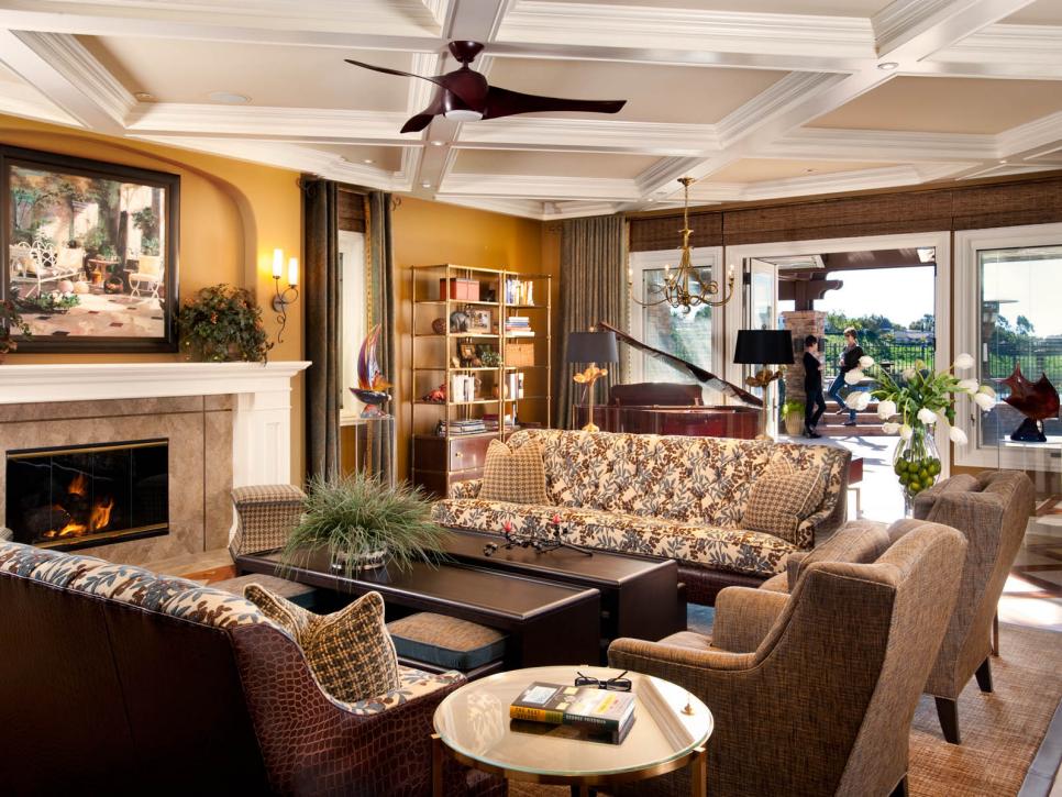Indoor Outdoor Family Room with Coffered Ceiling