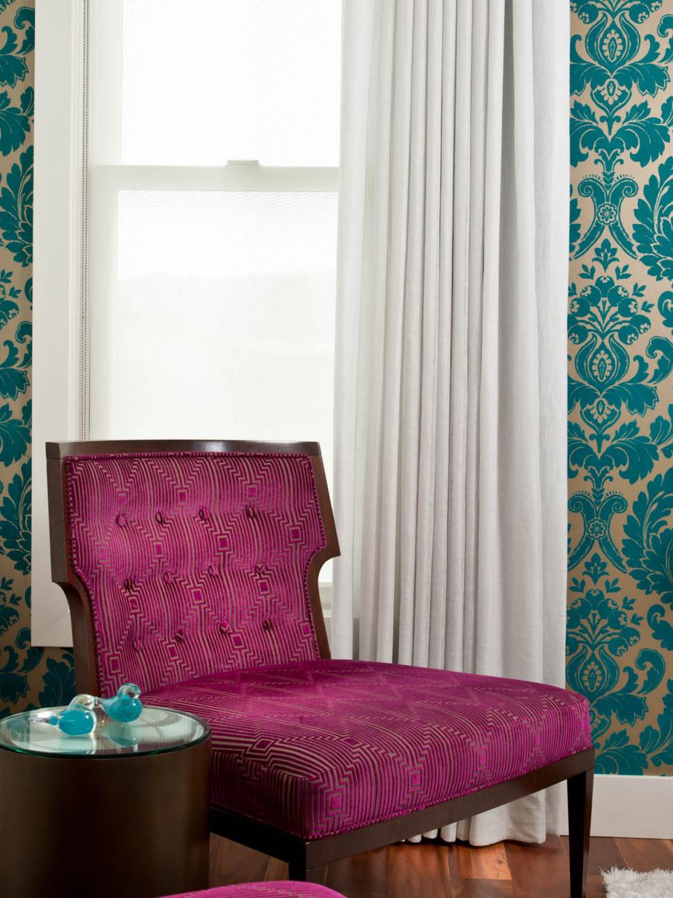 Hot Pink Chair and Teal Damask Wallpaper