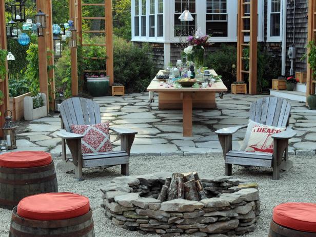 Outdoor Dining Area with Fire Pit and Barrel Stools Outdoor Dining Area with Fire Pit and Barrel Stools
