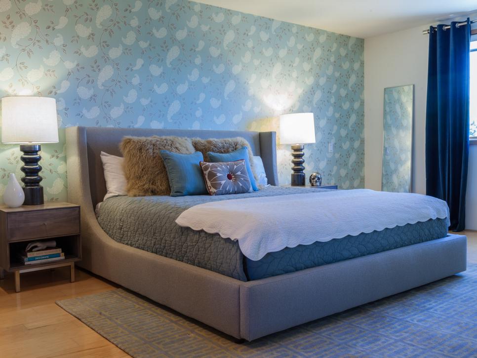 Blue Contemporary Bedroom With Upholstered Bed, Accent Wallpaper