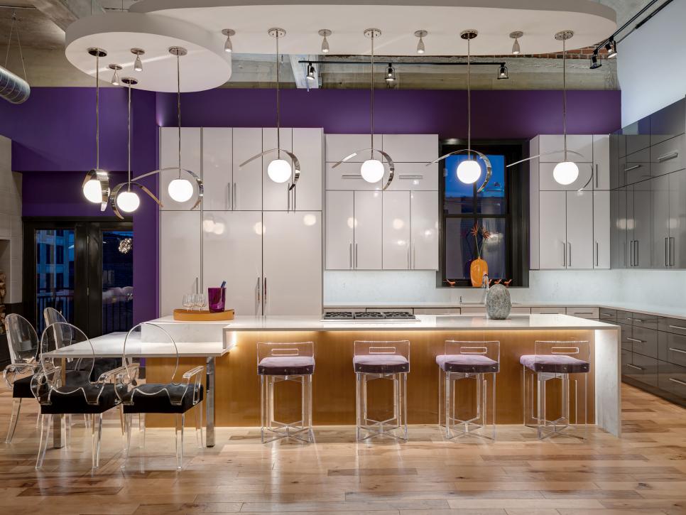 Purple Contemporary Kitchen With White Cabinets and Long Island