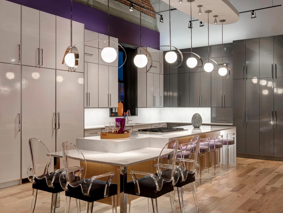 Modern Purple Kitchen With White & Gray Cabinets, & Transparent Chairs